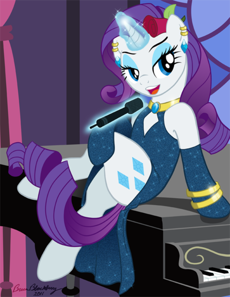 Size: 642x826 | Tagged: safe, artist:brianblackberry, derpibooru import, rarity, pony, unicorn, bracelet, clothes, dress, earring, evening gloves, female, flower, jewelry, magic, mare, microphone, necklace, piano, rose, singing, sitting, solo, telekinesis