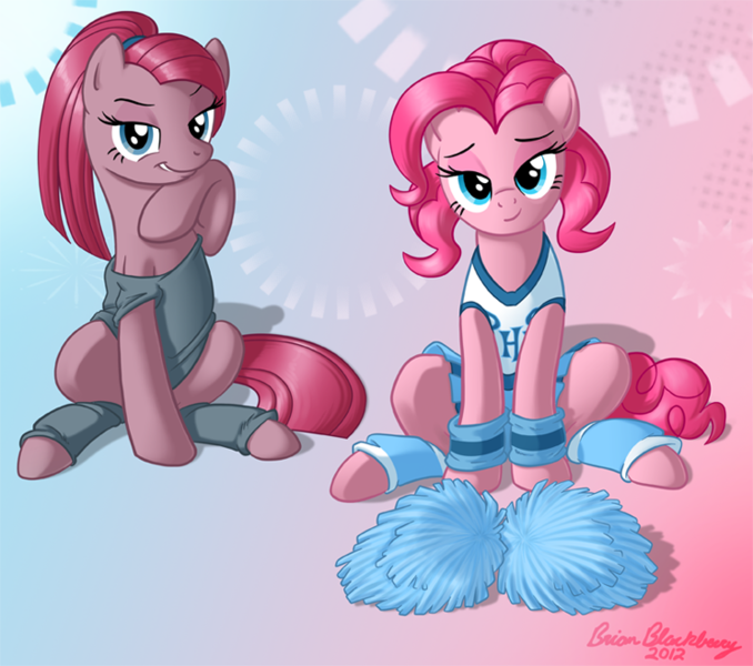 Size: 743x658 | Tagged: safe, artist:brianblackberry, derpibooru import, pinkie pie, earth pony, pony, abstract background, bedroom eyes, cheerleader, cheerleader pinkie, clothes, duality, female, leg warmers, mare, pinkamena diane pie, pom pom, sitting, solo, wristband