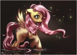 Size: 1025x727 | Tagged: dead source, safe, artist:ruhje, derpibooru import, fluttershy, firefly (insect), insect, pegasus, pony, cute, female, floppy ears, mare, smiling, solo, water, wet mane