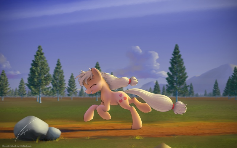 Size: 1920x1200 | Tagged: safe, artist:bioniclegahlok, derpibooru import, applejack, earth pony, pony, cloud, cloudy, eyes closed, female, field, freckles, grass, grin, happy, hatless, mare, missing accessory, mountain, rock, running, scenery, signature, sky, smiling, solo, tree