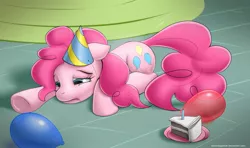 Size: 1613x953 | Tagged: safe, artist:bioniclegahlok, derpibooru import, pinkie pie, earth pony, pony, balloon, cake, candle, crying, female, floppy ears, hat, mare, party, party hat, prone, sad, solo