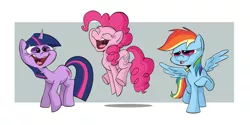 Size: 1024x513 | Tagged: safe, artist:sibsy, derpibooru import, ponibooru import, pinkie pie, rainbow dash, twilight sparkle, earth pony, pegasus, pony, unicorn, abstract background, bedroom eyes, behind the scenes, cute, eyes closed, female, funny face, happy, hilarious in hindsight, jumping, lidded eyes, lol, mare, open mouth, polyamory, raised hoof, silly face, smiling, spread wings, tongue out, twidashpie, unicorn twilight, uvula, wide eyes