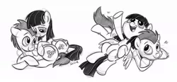 Size: 1024x474 | Tagged: dead source, safe, artist:sibsy, derpibooru import, lucky clover, wild fire, earth pony, pegasus, pony, female, grayscale, luckyfire, male, mare, monochrome, prone, shipping, simple background, sketch, stallion, straight, wild fire gets lucky