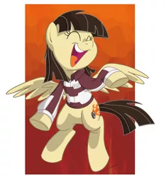 Size: 750x812 | Tagged: safe, artist:sibsy, derpibooru import, wild fire, pegasus, pony, abstract background, clothes, cute, eyes closed, female, flying, jacket, laughing, mare, open mouth, smiling, solo, spread wings