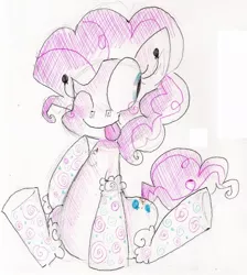 Size: 933x1039 | Tagged: safe, artist:krystalflamingo, derpibooru import, pinkie pie, earth pony, pony, clothes, female, mare, simple background, sitting, socks, solo, tongue out, traditional art