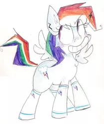 Size: 933x1117 | Tagged: safe, artist:krystalflamingo, derpibooru import, rainbow dash, pegasus, pony, clothes, female, mare, simple background, socks, solo, traditional art