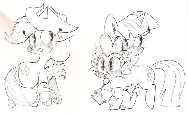 Size: 1280x778 | Tagged: safe, artist:krystalflamingo, derpibooru import, applejack, spike, twilight sparkle, dragon, earth pony, pony, unicorn, female, male, mare, monochrome, simple background, traditional art