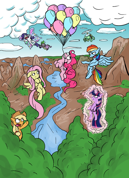 Size: 611x841 | Tagged: safe, artist:senselesssquirrel, derpibooru import, applejack, fluttershy, pinkie pie, rainbow dash, rarity, spike, tank, twilight sparkle, dragon, earth pony, pegasus, pony, tortoise, unicorn, :d, artificial wings, augmented, balloon, eyes closed, female, floating, floppy ears, flying, forest, grin, levitation, magic, magic wings, male, mane seven, mane six, mare, mountain, mountain range, mouth hold, open mouth, pointing, raised eyebrow, reaching, river, self-levitation, smiling, smirk, spread wings, tail, tail pull, telekinesis, then watch her balloons lift her up to the sky, tree, underhoof, unicorn twilight, wide eyes, wings