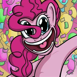 Size: 3000x3000 | Tagged: safe, artist:senselesssquirrel, derpibooru import, pinkie pie, earth pony, pony, abstract background, balloon, confetti, female, high res, mare, smiling, solo