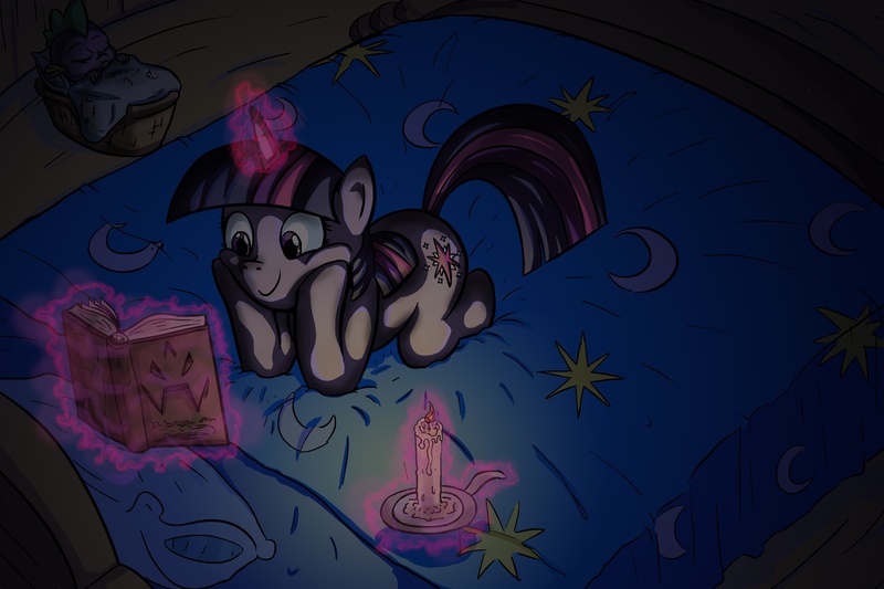 Size: 5143x3429 | Tagged: safe, artist:senselesssquirrel, derpibooru import, spike, twilight sparkle, dragon, pony, unicorn, absurd resolution, bed, book, candle, female, happy, magic, male, mare, reading, sleeping