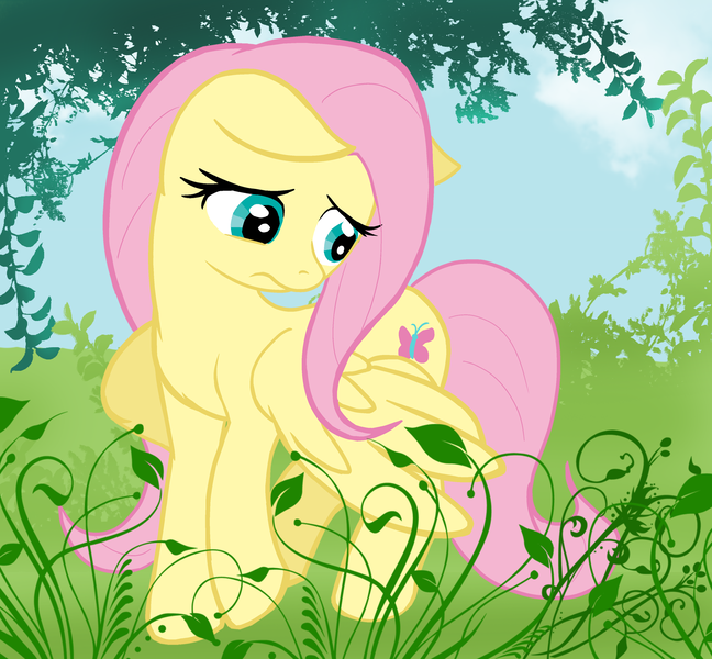 Size: 1500x1389 | Tagged: dead source, safe, artist:illuminatiums, derpibooru import, fluttershy, pegasus, pony, cute, female, floppy ears, head turn, insecure, lonely, looking down, mare, nature, sad, shyabetes, solo, spread wings, wings, wings down