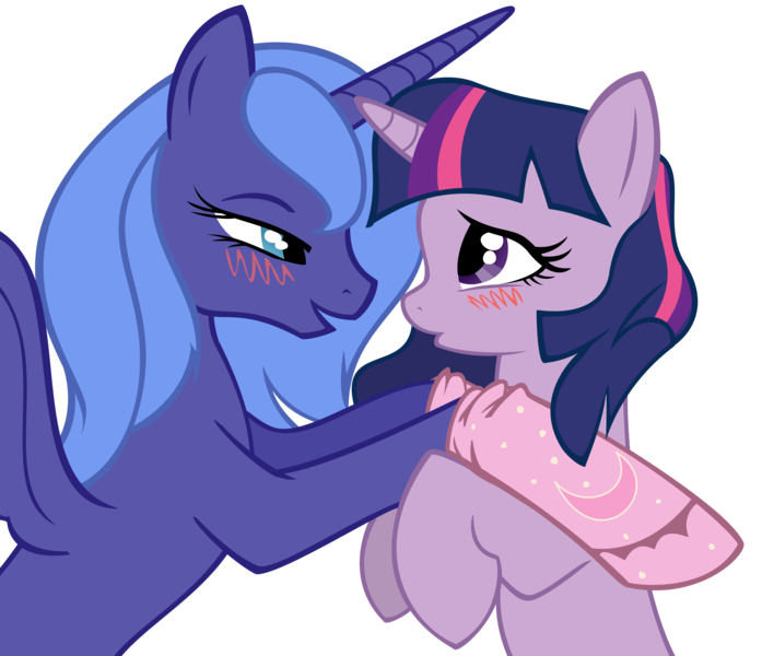 Size: 4000x3441 | Tagged: dead source, suggestive, artist:bri-sta, artist:illuminatiums, derpibooru import, princess luna, twilight sparkle, alicorn, pony, unicorn, absurd resolution, bedroom eyes, blushing, clothes, eye contact, female, horns are touching, hug, imminent kissing, lesbian, mare, open mouth, pouting, s1 luna, shipping, show accurate, show accurate porn, simple background, smiling, socks, spread wings, transparent background, twiluna, vector