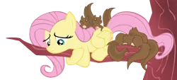 Size: 5000x2251 | Tagged: safe, artist:illuminatiums, derpibooru import, fluttershy, pegasus, pony, squirrel, absurd resolution, animal, female, looking down, mare, scared, show accurate, simple background, tree, tree branch