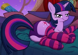 Size: 2500x1755 | Tagged: suggestive, artist:illuminatiums, derpibooru import, twilight sparkle, pony, unicorn, bed, bedroom eyes, clothes, female, looking at you, looking back, mare, panties, plot, prone, purple underwear, show accurate, show accurate porn, socks, solo, solo female, stockings, striped socks, the ass was fat, thighlight sparkle, twibutt, underwear, unicorn twilight, window