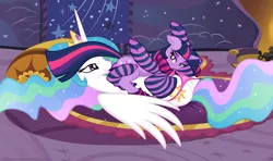Size: 2708x1600 | Tagged: suggestive, artist:illuminatiums, derpibooru import, princess celestia, twilight sparkle, alicorn, pony, unicorn, 69 position, bedroom eyes, clothes, eyes on the prize, female, fireplace, floppy ears, grin, heart, heart print underwear, imminent sex, lesbian, mare, mouth hold, on back, on top, oral, panties, panties pulled down, panty pull, pink underwear, purple underwear, sex, shipping, show accurate, show accurate porn, smiling, socks, spread wings, stockings, striped socks, twilestia, underwear, undressing