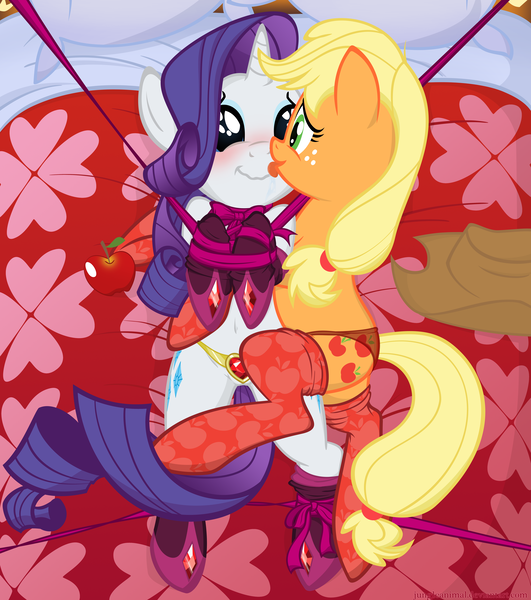 Size: 3538x4000 | Tagged: suggestive, artist:illuminatiums, derpibooru import, applejack, rarity, earth pony, pony, unicorn, appledom, bed, blushing, bondage, clothes, female, femdom, femsub, fire ruby, image, kissing, lesbian, licking, lip lick, mare, on back, panties, png, rarijack, rarisub, red underwear, shipping, show accurate, show accurate porn, socks, stockings, submissive, underwear