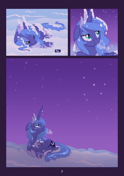 Size: 1240x1754 | Tagged: safe, artist:equestria-prevails, derpibooru import, princess luna, alicorn, pony, comic, crown, female, jewelry, mare, photoshop, prone, regalia, s1 luna, sky, snow, snowfall, solo, stars