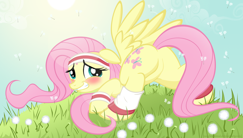 Size: 2810x1600 | Tagged: dead source, suggestive, artist:illuminatiums, derpibooru import, fluttershy, pegasus, pony, blushing, face down ass up, featureless crotch, female, floppy ears, flutterbutt, grass, headband, mare, plot, show accurate, show accurate porn, solo, solo female