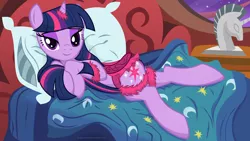 Size: 2844x1600 | Tagged: suggestive, artist:illuminatiums, derpibooru import, twilight sparkle, pony, unicorn, bed, bedroom eyes, bracelet, female, fluffy, golden oaks library, horn ring, image, laying on bed, looking at you, lying down, mare, png, prehensile tail, saddle, show accurate, side, smiling, solo, tack, tail hold, unicorn twilight