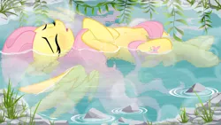 Size: 2844x1600 | Tagged: dead source, safe, artist:illuminatiums, derpibooru import, fluttershy, pegasus, pony, belly button, blushing, crossed legs, eyes closed, female, floating, hot springs, mare, on back, ophelia, show accurate, solo, water, wet