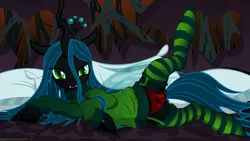 Size: 2844x1600 | Tagged: dead source, suggestive, artist:illuminatiums, derpibooru import, queen chrysalis, changeling, changeling queen, clothes, deviantart link, fangs, female, heart, heart print underwear, image, looking at you, lying down, panties, pillow, png, raised leg, red underwear, show accurate, show accurate porn, side, slit eyes, smiling, socks, solo, solo female, spread legs, spreading, stockings, striped socks, sweater, underwear