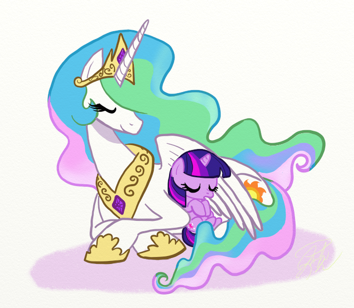 Size: 714x622 | Tagged: safe, artist:jentiful, derpibooru import, princess celestia, twilight sparkle, alicorn, pony, unicorn, female, filly, foal, mare, momlestia, simple background, sleeping