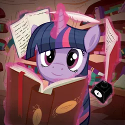 Size: 1250x1250 | Tagged: safe, artist:axian-art, derpibooru import, twilight sparkle, pony, unicorn, book, bust, feather, female, golden oaks library, inkwell, library, magic, mare, quill, solo, telekinesis