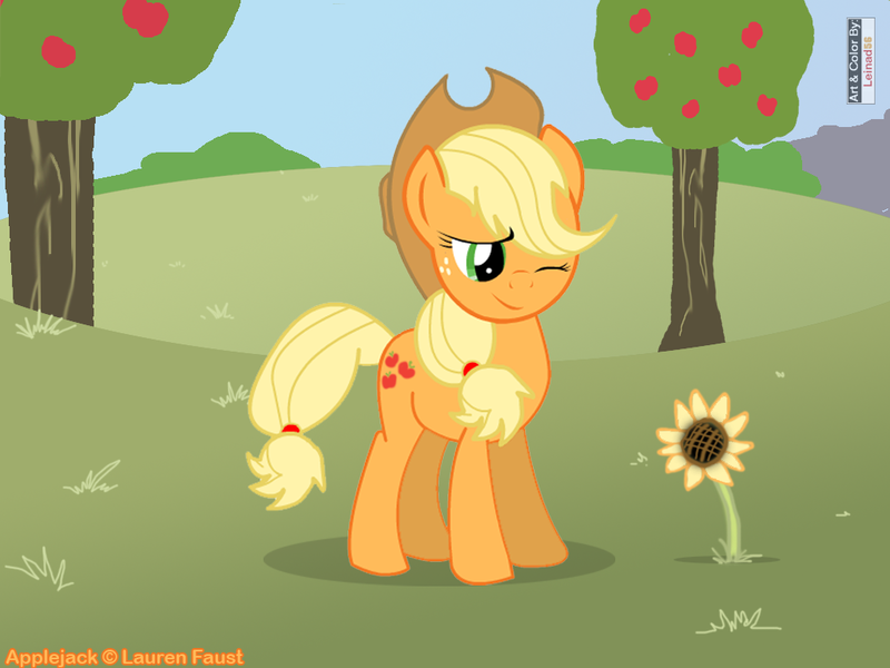 Size: 1024x768 | Tagged: safe, artist:leinad56, derpibooru import, applejack, earth pony, pony, female, flower, mare, one eye closed, solo, sunflower, tree