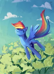 Size: 2098x2874 | Tagged: safe, artist:holivi, derpibooru import, rainbow dash, pegasus, pony, eyes closed, female, flying, forest, happy, high res, mare, solo