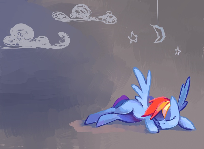 Size: 3161x2299 | Tagged: safe, artist:holivi, derpibooru import, rainbow dash, pegasus, pony, cloud, crescent moon, female, high res, mare, moon, sleeping, solo, spread wings, stars, wings