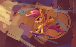 Size: 1860x1163 | Tagged: safe, artist:holivi, derpibooru import, scootaloo, bird, pegasus, pony, abstract background, female, filly, grin, skateboard, solo