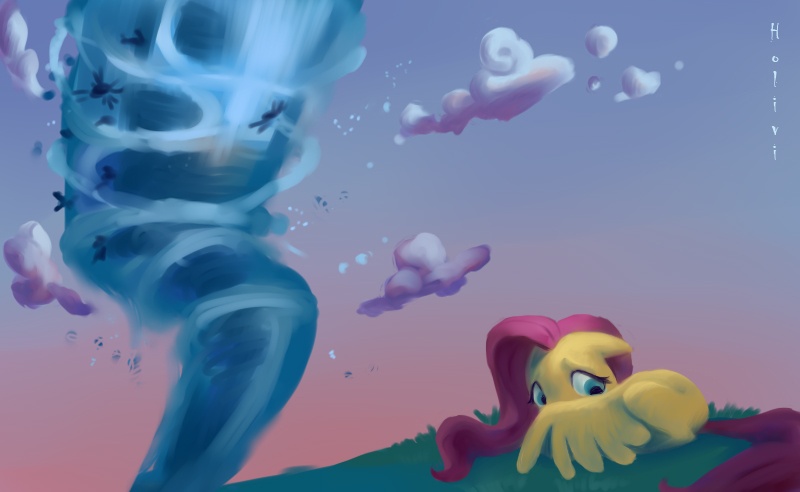 Size: 800x492 | Tagged: safe, artist:holivi, derpibooru import, fluttershy, pegasus, pony, hurricane fluttershy, female, floppy ears, hiding behind wing, mare, prone, solo focus, waterspout