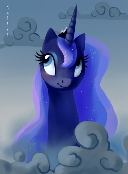 Size: 550x750 | Tagged: safe, artist:holivi, derpibooru import, princess luna, alicorn, pony, cloud, cloudy, female, looking up, mare, smiling, solo