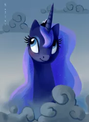 Size: 550x750 | Tagged: safe, artist:holivi, derpibooru import, princess luna, alicorn, pony, cloud, cloudy, female, looking up, mare, smiling, solo