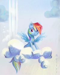 Size: 2299x2874 | Tagged: safe, artist:holivi, derpibooru import, rainbow dash, pegasus, pony, cloud, cloudy, female, happy, high res, hooves, looking at you, mare, on a cloud, sitting, sitting on cloud, solo, spread wings, wings