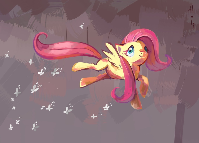 Size: 3999x2874 | Tagged: safe, artist:holivi, derpibooru import, fluttershy, butterfly, pegasus, pony, female, flying, happy, high res, mare, solo