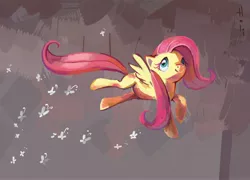 Size: 3999x2874 | Tagged: safe, artist:holivi, derpibooru import, fluttershy, butterfly, pegasus, pony, female, flying, happy, high res, mare, solo