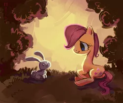 Size: 2752x2299 | Tagged: safe, artist:holivi, derpibooru import, fluttershy, pegasus, pony, rabbit, female, filly, filly fluttershy, forest, happy, high res, prone, wingless, younger