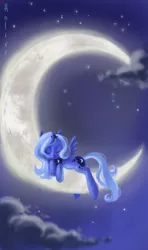 Size: 355x600 | Tagged: safe, artist:holivi, derpibooru import, princess luna, alicorn, pony, crescent moon, cute, female, filly, moon, night, sleeping, solo, tangible heavenly object, transparent moon, woona