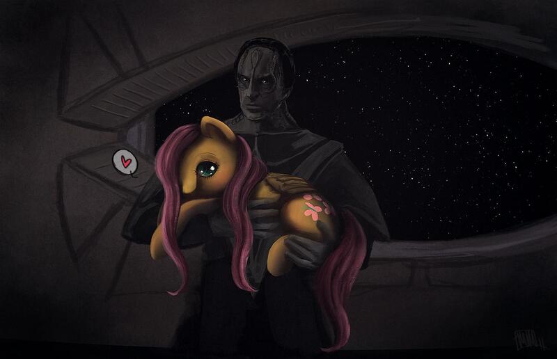 Size: 1300x839 | Tagged: dead source, safe, artist:cosmicunicorn, derpibooru import, fluttershy, pegasus, pony, blushing, cardassian, crossover, deep space nine, ds9, duo, female, gul dukat, hair over one eye, heart, holding a pony, looking at you, mare, signature, space, star trek