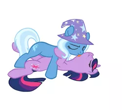 Size: 879x792 | Tagged: safe, artist:blackfeathr, derpibooru import, trixie, twilight sparkle, pony, unicorn, clothes, duo, eyes closed, featureless crotch, female, gritted teeth, hat, lesbian, licking, mare, on back, on top, photoshop, shipping, simple background, smiling, tongue out, trixie's hat, twixie, unicorn twilight, white background