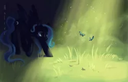 Size: 600x387 | Tagged: safe, artist:holivi, derpibooru import, princess luna, alicorn, butterfly, pegasus, pony, crepuscular rays, female, mare, sneaking, solo