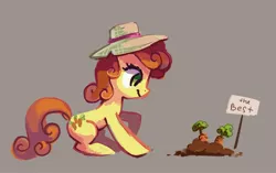 Size: 3433x2155 | Tagged: safe, artist:holivi, derpibooru import, carrot top, golden harvest, earth pony, pony, carrot, cute, cutie top, eyes on the prize, female, happy, hat, high res, mare, simple background, solo