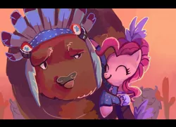 Size: 1264x916 | Tagged: safe, artist:holivi, derpibooru import, chief thunderhooves, pinkie pie, buffalo, earth pony, pony, over a barrel, cactus, clothes, eyes closed, female, hug, male, mare, saloon dress, saloon pinkie