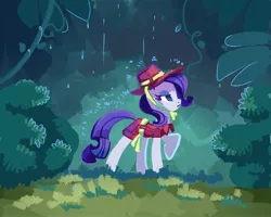 Size: 2874x2299 | Tagged: safe, artist:holivi, derpibooru import, rarity, pony, unicorn, clothes, dress, female, forest, hat, high res, mare, profile, raised hoof, solo