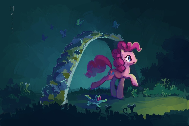 Size: 4311x2874 | Tagged: safe, artist:holivi, derpibooru import, gummy, pinkie pie, butterfly, earth pony, lizard, pony, absurd resolution, female, garden, happy, mare, walking