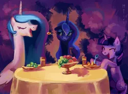 Size: 4311x3161 | Tagged: safe, artist:holivi, derpibooru import, princess celestia, princess luna, twilight sparkle, alicorn, pony, unicorn, absurd resolution, female, food, laughing, mare, playing, spoon, table