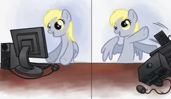Size: 2168x1260 | Tagged: safe, artist:blackfeathr, derpibooru import, derpy hooves, pegasus, pony, artifact, computer, derpy hooves tech support, female, mare, no, open mouth, photoshop, reaction image, smiling, solo, throwing, wallpaper