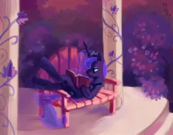 Size: 3356x2618 | Tagged: safe, artist:holivi, derpibooru import, princess luna, alicorn, pony, bench, book, female, garden, high res, mare, on back, reading, solo