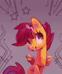 Size: 3010x3610 | Tagged: safe, artist:holivi, derpibooru import, scootaloo, pegasus, pony, abstract background, female, filly, hairpin, happy, high res, sitting, solo